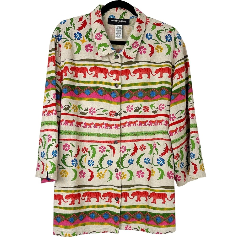 Sag Harbor Multicolor Floral & Elephant Button-Down Shirt Jacket - Cream Base